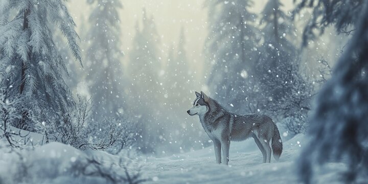 Wolf Stands in Snowy Winter Forest During a Blizzard