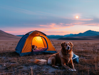 Camping with a Golden Retriever: A golden retriever dog sits patiently outside a glowing tent in a breathtaking landscape, waiting for its owner.