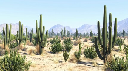 Fototapeta premium Vast Desert Landscape Featuring Saguaro Cacti and Striking Mountain Backdrop in Bright Blue Sky