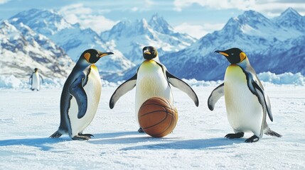 Three penguins playing basketball on a snowy landscape with mountains in the background