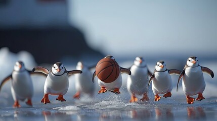 Playful penguins dribbling a basketball on icy terrain with a scenic background