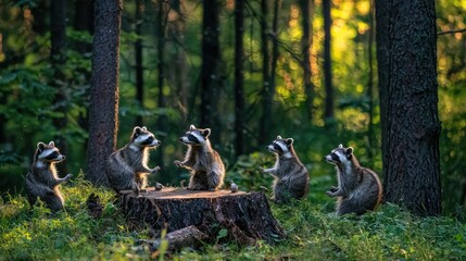 Playful raccoons gathered around a tree stump in a lush forest during golden hour