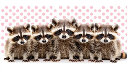 Group of five adorable raccoons standing in a row against a playful polka dot background