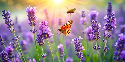 Butterflies and Bees in Blooming Lavender Field at Sunset