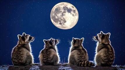 Four raccoons gaze at a full moon in a starry night sky, creating a serene and whimsical scene