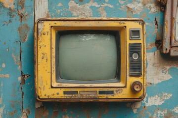 Vintage yellow television set mounted on a weathered blue wall, showcasing urban decay and nostalgia