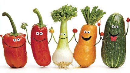 Colorful cartoon vegetables with smiling faces posing together, showcasing healthy eating and fun