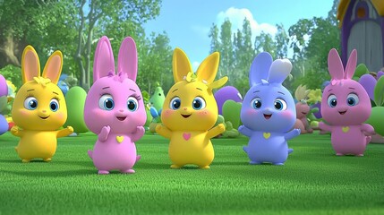 Colorful cartoon rabbits dancing joyfully in a vibrant, lush garden filled with greenery