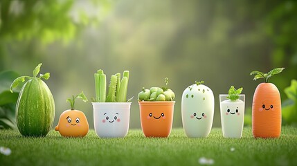 Cheerful animated vegetables and fruits in colorful pots, set in a lush green garden background