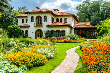 Obraz premium A spacious home nestled within expansive gardens full of vibrant flowers and greenery. Arched windows and wooden patios enhance the luxurious feel, with a winding path leading to the entrance.