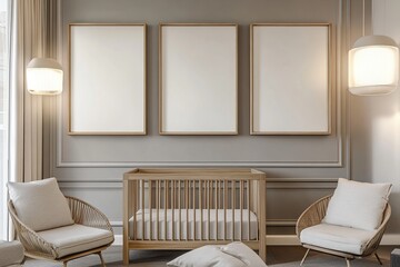 Modern Nursery Design: Elegant Crib, Wooden Chairs, and Blank Canvas Artwork for a Serene Baby Room Aesthetic