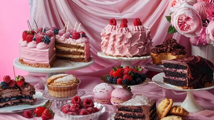 Vibrant assortment of sweets and desserts displayed on a pink background, celebrating Dessert Day with colorful, sugary delights.