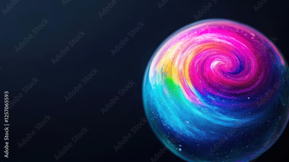 Poster colorful galaxy ball floating in space with a deep black background and vibrant cosmic patterns