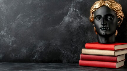 Black and Gold Bust on Stack of Books Against White Background