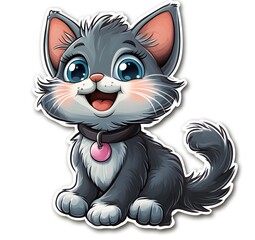A grey kitten with a collar, smiling widely.