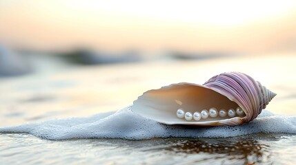Seashell With Pearls On Sunrise Beach