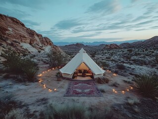 Luxury Glamping Tent Under Starry Night Sky in Desert Oasis