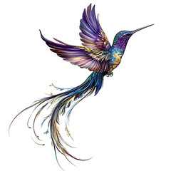 Fototapeta premium Colorful hummingbird illustration with wings spread, showcasing vibrant pink and iridescent green feathers against a white background.