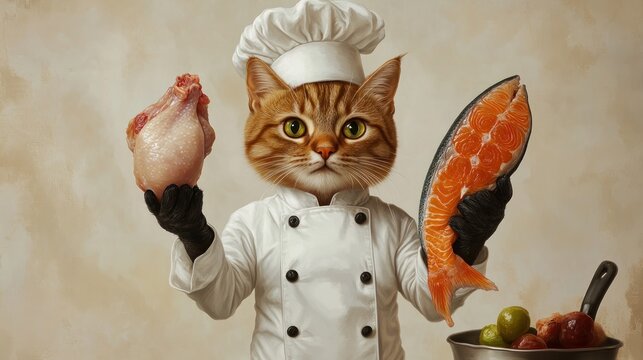 Cat chef holding food in kitchen - Powered by Adobe