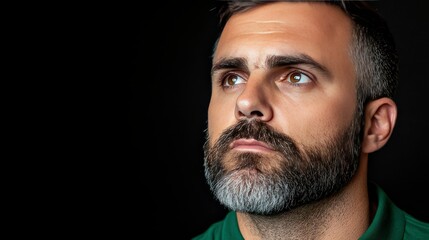 Obraz premium Pensive Middle-Aged Man with Graying Beard, Looking Upward Against Black Background