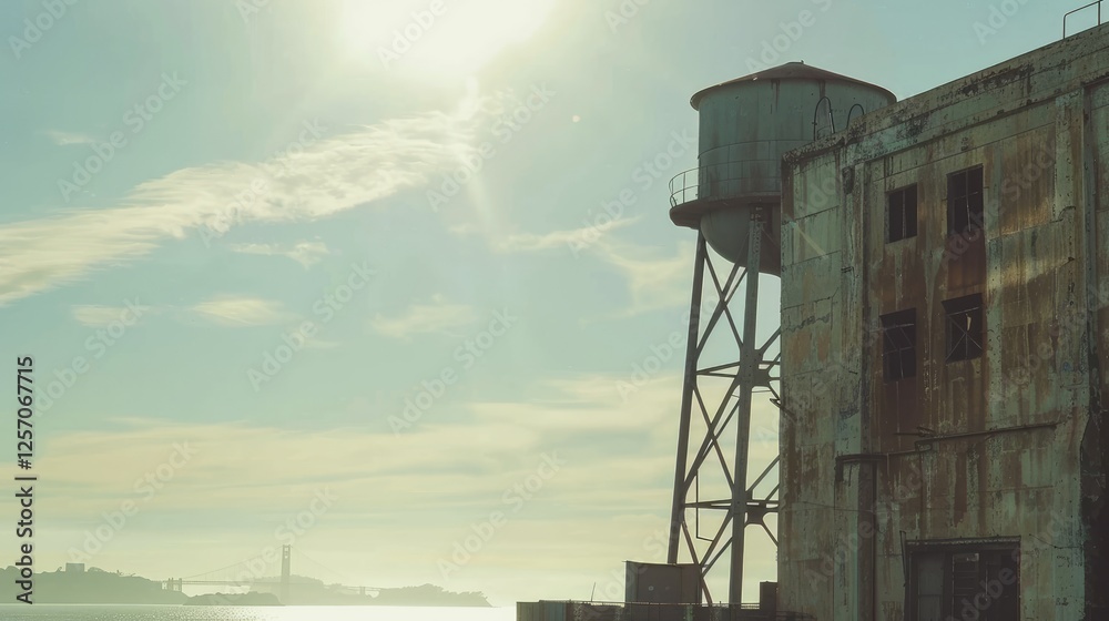 Sticker Rusty water tower beside a weathered building under a bright sun, overlooking a serene waterfront landscape