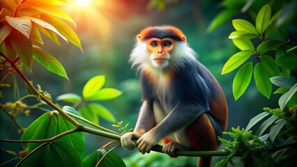 Fototapeta premium Brightly Colored Monkey Sitting on a Branch in Lush Green Jungle