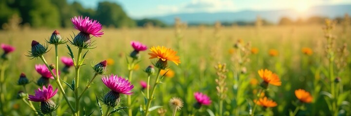 Obraz premium A lush field of thistles and colorful flowers swaying in the breeze, natural, thistle
