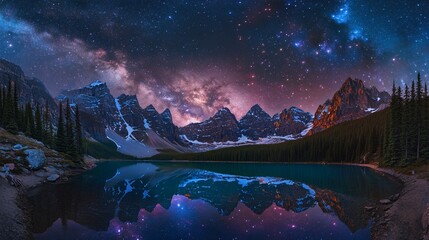 A wide-angle view of the Milky Way reflected on a calm mountain lake