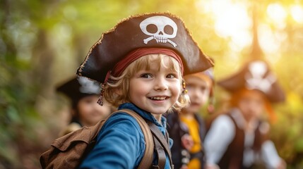 Young children dressed as pirates enthusiastically engage in a treasure hunt at a lively party