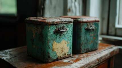 Fototapeta premium Two Vintage Teal and Yellow Wooden Storage Boxes on Rustic Wooden Surface