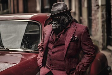 Stylish Gorilla Gangster Poses Against Vintage Car in Gritty Urban Alley