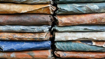 Stacked Layers of Textured Stone Slates in Varying Colors and Shades