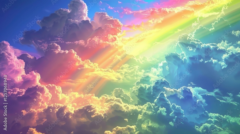 Sticker Vibrant rainbow arcs through fluffy clouds under a bright sky, creating a serene and colorful natural scene