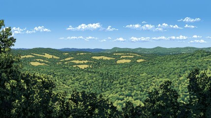 Obraz premium Panoramic View of Lush Green Rolling Hills Under Clear Blue Sky with Fluffy White Clouds