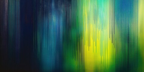 Emerald and neon lime emerge vividly from a dark blue and petrol gradient, enhanced with glowing vertical metallic lines.