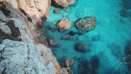 Crystal-Clear Turquoise Waters Enveloping Coastal Rocks: A Stunning Aerial View of Serenity