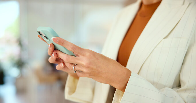 Phone, hands and manager with business woman in office for nft artist, minting platform and client sales. Creative studio, digital artwork and virtual asset with employee closeup for networking