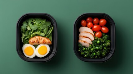 A colorful meal prep box featuring salmon, eggs, leafy greens, cherry tomatoes, and sliced chicken on a dark background.
