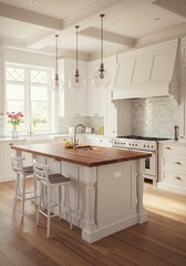 This kitchen interior features white cabinets, a prominent dark wood island with seating, and stainless steel appliances, creating a modern living space
