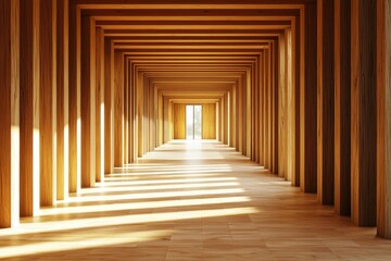 Fototapeta premium Wooden interior, a symmetrical corridor with rectangular columns, a light wood floor, sunlight shining through the ceiling, a minimalist architectural style