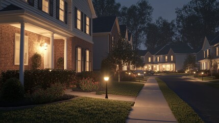 Fototapeta premium Serene Nighttime Neighborhood Scene with Elegant Homes and Soft Lighting in a Calm Atmosphere