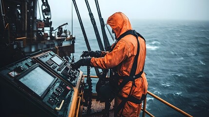 Professional engineer in bright orange safety suit diligently servicing drilling control systems on an offshore oil rig while rain and sea mist add a moody elegance to the industrial workspace