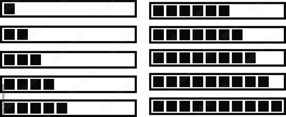 Poster loading black icons vectors set. download upload progress bar sign symbols buttons. system software 