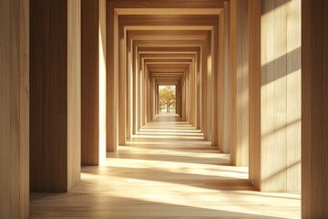 Wooden interior, a symmetrical corridor with rectangular columns, a light wood floor, sunlight shining through the ceiling, a minimalist architectural style