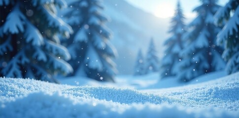 A serene winter landscape with swirling snowflakes and icy blue hue, gentle snowfall, bluish tone, calmness
