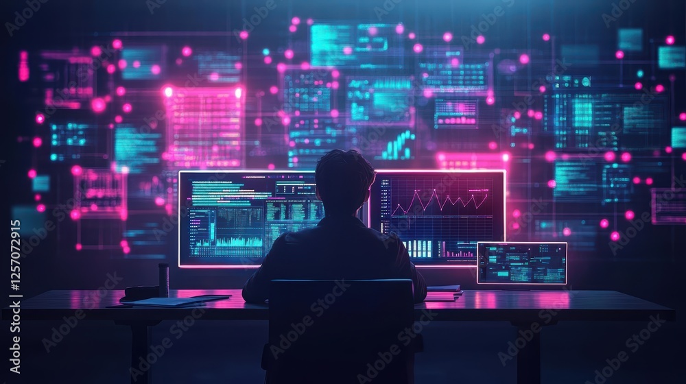 Poster Man working at a desk with two monitors and a computer in a modern office environment