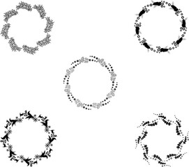 Set of black round frames from leaves. Laurel wreaths. Collection of floral frames. Decorative natural elements for design. Frames in line art style