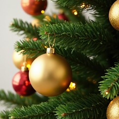 Obraz premium Christmas tree with golden ornaments and pine branch centerpieces, Christmas trees, pine branches