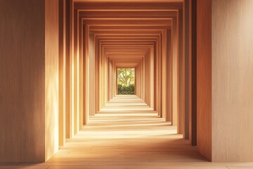 Fototapeta premium Wooden interior, a symmetrical corridor with rectangular columns, a light wood floor, sunlight shining through the ceiling, a minimalist architectural style