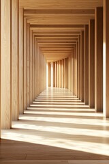 Wooden interior, a symmetrical corridor with rectangular columns, a light wood floor, sunlight shining through the ceiling, a minimalist architectural style